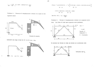 ·• 5 R
3
n/ (sene - sen8c.ose) de6HB =~ f 2 67.5
TI
Problema S.- Determine el desplazamiento vertical en el punto (1) del
siguiente marco
2T/m
1 ST
5ml El=cte
1
( 1)
%.
51
4 m 3 m
V~ag~arna de momento~
Aplicando una carga virtual de 10 t en (1); Wve = 7Mv
1
4m -j-3m-+- 70
47
EI Wv~ =
1
/d4.24) (30) (15) +
4 /6 ~-(2) (15) (30) + 15(70) + 2(51) (70) +51)(30)]
R2 • C2 R4 • C3
- (1/3) 4 (30+70) {4) + 5 (51) {70) = Z5032
R4 • C4 R1 • Cl
Cama rvve = Wv-L ; 6v 1 = Z50Z. 5
----u-
Problema 6.- Calcular el desplazamiento vertical en la siguiente arma-
dura. Las áreas de cada barra aparecen entre paréntesis.
E 11o1 A ( 1O) ló 10 Tn
ÓVA =
--{1O) // (10)
A {cm2
)
<::."
0/
3m .'
J~~6n {+)
Comp~u.<.6n (-)
(<O) E = eo n<> ;ta n.te
3m 3m
Se calculan las fuerzas en todas las barras en la estructura real.
 