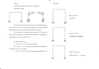 Marcos Ejemplos:
Un marco puede separarse en varios elementos.
(columnas y vigas).
3{4) +3< 15+ 1
inestable
En una sección de un elemento existen tres magnitudes descon~
cidas ( N, V y M). Si se conocen estas cantidades en una secció.1 pueden
determinarse las correspondientes a otra sección cualquiera.
Si se considera: b =número total de elemeotos r ~el número·--
3(3) +3 = 3(4)
de elemento de reacciones, entonces el número total, de incógnitas in--
dependientes en un marco será (3 b + r)
estáticamente determinado
Se puede establecer que:
a).- si 3b +r <3j -7' e, el marco es inestable
b).- sí 3b + r ~ 3j +e, el marco es estáticamente determinado
siempre que sea a la vez estable.
e).- sí 3b + r >3j +e el marco es estáticamente indeterminado
3(4) + 6 > 5{3) + 1
indeterminado de 2° grado
 