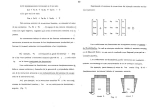 b) El desplaza,mientG horizontal en D es nulo:
f::.zp + f21 X1 + f22 X2 + f23 X3 o
e) El giro en D es nulo:
Del sistema anterior de ecuaciones lineales, se obtendrá el valor
de las incógnitas X1, X2 y X3 . Si alguno de los valores obtenidos r_::
sulta con signo negativo, significa que actúa en· dirección contraria a las.!:!
puesta.
L
Es conveniente definir el efecto de las fuerzas redundantes de la
estructura primaria en términos de los desplazamientos producidos· por -
fuerzas (o causas) unitarias correspondientes a las red~ndantes.
Por ejemplo, fij corresponde al grado de libertad debí
do a una causa (fuerza o momento) unitaria aplicada en . A es te valor
fij se le llama coeficiente de flexibilidad.
,.-..
Los coeficienteil de flexibilidad, son entonces desplazamientos d_::
bidos a causas unitarias y dependen de la geometría y propiedades elásti-
cas de la estructura primaria y son independientes del sistema de cargas
real de la estructura real. )
Así, por ejemplo, en la estructura anteri~ y f12 son coeª
cientes de flexibilidad lineales y f13 es un coeficient<2 de flexibilidad -
angular. (fig. 7)
59
Expresando el sistema de ecuaciones del ejemplo resuelto en for-
ma matricial:
fl¡p f JI f12 fl3
f12P + tz¡ f22 f23
o
f32
Los coeficientes de flexibilidad así arreglados forman la matriz -
de-flexibilidades, la cual es siempre simétrica, debido al teorema recípr~
co de Maxwell-Betti y es una matriz cuadrada cuya diagonal principal es -
siempre positiva,
Los coeficientes de flexibilidad pueden obtenerse por cualquier -
método; sin embargo el más recomendable es el de trabajos virtuales.
Por ejemplo, para obtener .el valor de fz3 sería: (Fig. 8) el
desplazamiento horizonta~ debido al momenlD unitario.
causa 3
Fig. 8
c.au.,sa. 2
 