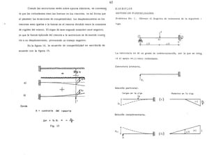 63
Cuando las estructuras están sobre apoyos elásticos, es convenien EJEMPLOS
te que las redundantes sean las fuerzas en los resortes, en tal forma que METODO DE FLEXIBILIDADES.
al plantear las ecuaciones de compatibilidad, los desplazamientos en los Problema No. 1 . Obtener el diagrma de momentos de la siguiente -
resortes sean iguales a la fuerza en el resorte dividido entre la constante viga.
de rigidez del mismo. El signo de este segundo miembro será negativo,
ya que la fuerza aplicada del resorte a la estructura es de sentido contr~
rio a su desplazamiento, provocando un trabajo negativo.
En la figura 14, la ecuación de compatibilidad se c;scribiría de
r~k-%----------~EI~--------~~
T L/2 L/2
acuerdo con la figura 15.
La estructura es de un grado de indeterminación, por lo que se toma
rá el apoyo en ¡¡) como redundante.
~= K
a)
ftft······ -~~ . --- --- ;:;_______ - ---~~
+ 1 fll
b)
Donde
Estructura primaria.
i
.--------1~
R,
Solución particular.
Cargas en la viga
!p
I--~-·--~-=--~
--'61 ---
( 1 )
Momentos en la viga
K constante del resorte
Solución complementaria.
Ll.iP + fll XI
Fig. 15
fll
(II)
 