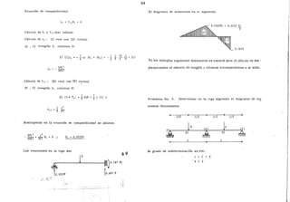 64
Ecuación de compatibilidad. El diagrama dé momentos es el siguiente:
ll1 + f 11 R.1 O
Cálculo de ll1 y f 11 (por tablas)
Cálculo de ll1 : (I) real con (Il) virtual
R.2 • C3 (renglón 2, columna 3)
ET [Jl..ll1 • ~·} s.¿ (K¡ + 2Kz)
Cálculo de f 11 :
R.Z • C2 (renglón
fll
5PL 3
- 4ITf
(TI) real con (II)
2, columna 2)
ET (7)• fll
1 L'
J rr
virtual
·}sa=}L (L) L
Sustituyendo en la ecuaci6n de compatibilidad se obtiene:
R1 0,3125P
Las reacciones en la viga son
6l/
l
p
_ _ _ ____J_:..___ _ _ _~) O, 187 PL
¿ ll 0.687 po. 372 p
0,3125 PL
2
_0,1875
En los ejemplos siguientes únicamente se anotará para el cálculo de des-
plazamientos el número de renglón y columna correspondiente a la tabla.
Problema No. 2. Determinar en la viga siguiente el diagrama de mo
mentes flexionantes.
L/2 L/2
~
lp
1E1
L
Su gr.ado de indeterminacibn es uno.
r > e + 3
'4 > 3
L/2 L/2
lp
~EI
 