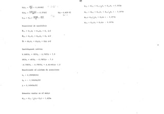 Ki2
3EI = O. 0469ET--,¡>
7ZEI(2) 0.375EI
43 < =
K
2 1
= ZEI!6l-6-
ZEI
Vo + Kt. 1 e1 + Kt.282 + Kt.t. t.=O
5.50Eie 1 + 2E18 2 - 0.75Eit. • 7.5
Zf18¡ + 6EI82 - 0.75Eit.= - 7.5
K!::J;, = 0.4219 E1
-0.75E18 1 - 0.75E1B2 + 0.4219Elt.= 1.2
Re4olv~endo el 4~ó~ema de ecuac~oneó
8¡ 2.290908/ti.
8 2 = - 1. 745456/EI
t. = 2.145456/EI
85
- 5.09Tm
 