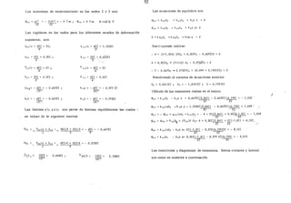 Los momentos de empotramiento en los nudos 2 y 3 son:
Las rigideces en los nudos para los diferentes estados de deformación
supuestos, son:
k22 )v • 4EI • EI;
-4-
k3 z • 2EI = 0,5E1;
-4-
k3 3) V ; 4EI ; EI ;
-4-
k2t," - 6EI • 0,667EI
TW
ktl> • 6EI • - 0.667EI
W.
k2zle • 4EI ='1,333ET
-3-
k 12 = 2ET =.O,ÜZEI
-3-
, ·-·'
k, 3 = 2ET = 0,5EI
-4-
k 36 "; - 6ET - 0.375 EI
1W
k,t> = - 6EI = - 0.375EI
T4P
Las fuerzas K62 1J K63 son pares de fuerzas equilibrames las cuales -
se valuan de la siguiente marena
4EI/3 + 2E1/3 • - 6EI = - 0,667EI
12ET: =
TIT'
. 3 -9-
4EI/4 + 2EI/4 = - 0.375EI
4
O.444EI 12EI =
~
0.188EI
92
Las ecuaciones de equilibrio son
o
Sustituyendo valores
- 4 + (_7+1,333) EI02 + 0.5EI03 - 0,66·1Eit> =O
4 + 0,5EI02 + (1+1)EI 83 - 0,37jfi-It> =O
- 2 - 0,66702 - 0,375EI03 + [0.444 + 0,188)EI6 = O
Resolviendo el sistema de ecuaciones anterior
02 = 3,861/EI; 03 =- 1,810/EI; ~ • 6,159/EI
Cálculo de los momentos reales en el marco
/
M12 = k 12 02 - k 1~ t. = 0,667EI(3,861)- 0.667EI)[6,159) - 1,533'
. -rr- --y¡-
Aht =k 2 zle02 -k zl> 6 = 1,333ET[3,861) - 0,667EI) (6. 759) = 1,039 r ¡_E_I_ --y¡-
.--·,
M23 =- Mzo + k22lv82 + k2383 =- 4 + ETl3,861l + 0,5EI1-1.81) =- 1,039- _E_I_ _E_I_
M32 = M3o + k 3201. + (k•• )V 03= 4 + 0,5EI[3,861) + EI(-1,81) 4,12-l..
-----rr- EI ./
M3, = k 33)e83- k36 t.= EI(-1,81)- 0,375(6,159)EI =- 4',121
-rr- -rr-
- k 4 6 t.= O,SEil-1,81) - 0,375 EI(6.159) =- 3,215
-u- --EI-
Las reacciones y diagramas;: de momentos, fuerza cortante y normal
son como se muestra a continuación
 