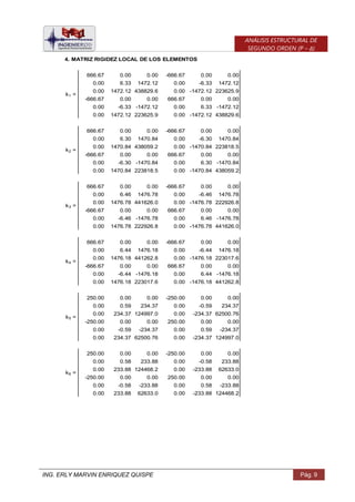 ING. ERLY MARVIN ENRIQUEZ QUISPE Pág. 9
ANÁLISIS ESTRUCTURAL DE
SEGUNDO ORDEN (P – Δ)
4. MATRIZ RIGIDEZ LOCAL DE LOS ELEMENTOS
666.67 0.00 0.00 -666.67 0.00 0.00
0.00 6.33 1472.12 0.00 -6.33 1472.12
0.00 1472.12 438829.6 0.00 -1472.12 223625.9
-666.67 0.00 0.00 666.67 0.00 0.00
0.00 -6.33 -1472.12 0.00 6.33 -1472.12
0.00 1472.12 223625.9 0.00 -1472.12 438829.6
666.67 0.00 0.00 -666.67 0.00 0.00
0.00 6.30 1470.84 0.00 -6.30 1470.84
0.00 1470.84 438059.2 0.00 -1470.84 223818.5
-666.67 0.00 0.00 666.67 0.00 0.00
0.00 -6.30 -1470.84 0.00 6.30 -1470.84
0.00 1470.84 223818.5 0.00 -1470.84 438059.2
666.67 0.00 0.00 -666.67 0.00 0.00
0.00 6.46 1476.78 0.00 -6.46 1476.78
0.00 1476.78 441626.0 0.00 -1476.78 222926.8
-666.67 0.00 0.00 666.67 0.00 0.00
0.00 -6.46 -1476.78 0.00 6.46 -1476.78
0.00 1476.78 222926.8 0.00 -1476.78 441626.0
666.67 0.00 0.00 -666.67 0.00 0.00
0.00 6.44 1476.18 0.00 -6.44 1476.18
0.00 1476.18 441262.8 0.00 -1476.18 223017.6
-666.67 0.00 0.00 666.67 0.00 0.00
0.00 -6.44 -1476.18 0.00 6.44 -1476.18
0.00 1476.18 223017.6 0.00 -1476.18 441262.8
250.00 0.00 0.00 -250.00 0.00 0.00
0.00 0.59 234.37 0.00 -0.59 234.37
0.00 234.37 124997.0 0.00 -234.37 62500.76
-250.00 0.00 0.00 250.00 0.00 0.00
0.00 -0.59 -234.37 0.00 0.59 -234.37
0.00 234.37 62500.76 0.00 -234.37 124997.0
250.00 0.00 0.00 -250.00 0.00 0.00
0.00 0.58 233.88 0.00 -0.58 233.88
0.00 233.88 124468.2 0.00 -233.88 62633.0
-250.00 0.00 0.00 250.00 0.00 0.00
0.00 -0.58 -233.88 0.00 0.58 -233.88
0.00 233.88 62633.0 0.00 -233.88 124468.2
k1 =
k6 =
k2 =
k3 =
k4 =
k5 =
 