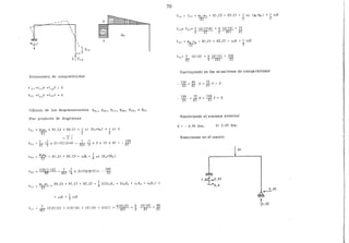 <""



_____....






Ecuaciones de compatibilidad
6
Cálculo de los desplazamientos fo 1, foz, f¡¡, fzz, f¡z, = f21
Por producto de diagramas
fo¡ = M
0m1 = R1,C3 + R3.C1 = 1 Si (K¡+Kz) + 1 si K
EI 2 2
-7{
fo1
1 1 1 1 108
rr ¡2 x 2H21 (2+41-m !z- )( 3 )( 12 )( 41 -u
fo2 MEomi.2 : Rl.Cl + R2.C3 ,,, l . ( 1
s~.+
6 s~ K1+2K2
foz
2(6) (-12) 1 1 189
"PP - 2
EI (6 x 3(121(12+31}: - Eí
+ s~K + ~ s~
f
11
:
6
E
2I (2(2)(21 + 2(4)(41 + (2)(41 + 4(2)1 + 6(4).(41 + ~ (41(4) _ 88
---zrr- 3 -E-I- - EI
70
f 12 f21 "m2 .m1 : Rl.C3 + R3.CJ : 1 s.i (]<¡+kzl + 1 s~K
--u- z z
f 12= fz¡= 2 (6) (2;.4} + 6 (6} (4} : 72
2 EI z ---rtr IT
f 22 : ~~: Rl,Cl + R~.c2: s~K + ~ s~K
f22: 2 (6) (6) + 6 l6l (6) : 108
IT 3-zET Ef
Sustituyendo en las ecuaciones de compatibilidad
108 + 88 X +~y : O
-tr IT EI
189 + ~ X + !...Q! y :
- Ef EI EI O
Resolviendo el sistema anterior
X : - 0.45 :ton, Y: 2.05 :ton.
Reacciones en el marco
0.45
..--
 