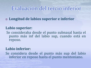 Evaluación del tercio inferiorLongitud de labios superior e inferiorLabio superior:Se consideraba desde el punto subnasal hasta el punto más inf del labio sup, cuando está en reposo.Labio inferior:Se considera desde el punto más sup del labio inferior en reposo hasta el punto mentoniano.