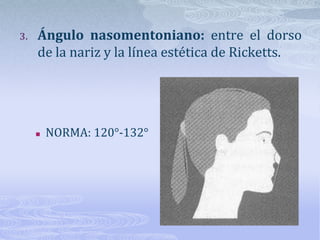 Las mediciones son las siguientes:Ángulo nasofrontal: ángulo entre las líneas frontal y dorsonasal.NORMA 115°-130°Se debe tener en cuenta que la glabela prácticamente no se puede modificar quirúrgicamente por la presencia del frontal.