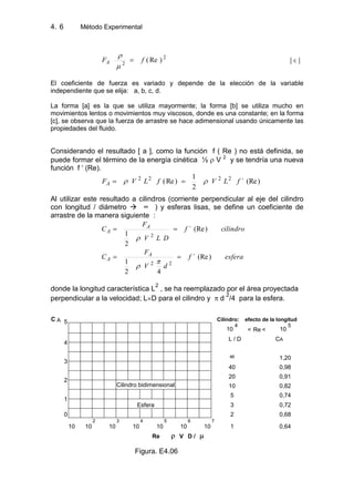 4. Método Experimental6
2
2
)Re(fFA [ c ]
El coeficiente de fuerza es variado y depende de la elección de la variable
independiente que se elija: a, b, c, d.
La forma [a] es la que se utiliza mayormente; la forma [b] se utiliza mucho en
movimientos lentos o movimientos muy viscosos, donde es una constante; en la forma
[c], se observa que la fuerza de arrastre se hace adimensional usando únicamente las
propiedades del fluido.
Considerando el resultado [ a ], como la función f ( Re ) no está definida, se
puede formar el término de la energía cinética ½ V 2
y se tendría una nueva
función f „ (Re).
)(Re´
2
1
)Re( 2222
fLVfLVFA
Al utilizar este resultado a cilindros (corriente perpendicular al eje del cilindro
con longitud / diámetro  ∞ ) y esferas lisas, se define un coeficiente de
arrastre de la manera siguiente :
cilindrof
DLV
F
C A
A )(Re´
2
1 2
esferaf
dV
F
C A
A )(Re´
42
1 22
donde la longitud característica L
2
, se ha reemplazado por el área proyectada
perpendicular a la velocidad; L D para el cilindro y d
2
/4 para la esfera.
C A 5 Cilindro: efecto de la longitud
10
4
< Re < 10
5
4
L / D CA
3
8
1,20
40 0,98
2
20 0,91
Cilindro bidimensional 10 0,82
1
5 0,74
Esfera 3 0,72
0 2 0,68
10 10
2
10
3
10
4
10
5
10
6
10
7
1 0,64
Re V D /
Figura. E4.06
 