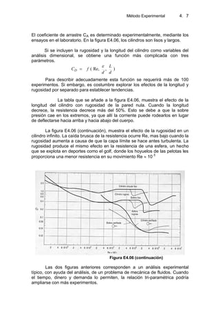 Método Experimental 4. 7
El coeficiente de arrastre CA es determinado experimentalmente, mediante los
ensayos en el laboratorio. En la figura E4.06, los cilindros son lisos y largos.
Si se incluyen la rugosidad y la longitud del cilindro como variables del
análisis dimensional, se obtiene una función más complicada con tres
parámetros.
),Re,(
d
L
d
fCD
Para describir adecuadamente esta función se requerirá más de 100
experimentos. Si embargo, es costumbre explorar los efectos de la longitud y
rugosidad por separado para establecer tendencias.
La tabla que se añade a la figura E4.06, muestra el efecto de la
longitud del cilindro con rugosidad de la pared nula. Cuando la longitud
decrece, la resistencia decrece más del 50%. Esto se debe a que la sobre
presión cae en los extremos, ya que allí la corriente puede rodearlos en lugar
de deflectarse hacia arriba y hacia abajo del cuerpo.
La figura E4.06 (continuación), muestra el efecto de la rugosidad en un
cilindro infinito. La caída brusca de la resistencia ocurre Re, mas bajo cuando la
rugosidad aumenta a causa de que la capa límite se hace antes turbulenta. La
rugosidad produce el mismo efecto en la resistencia de una esfera, un hecho
que se explota en deportes como el golf, donde los hoyuelos de las pelotas les
proporciona una menor resistencia en su movimiento Re 10 5
Figura E4.06 (continuación)
Las dos figuras anteriores corresponden a un análisis experimental
típico, con ayuda del análisis, de un problema de mecánica de fluidos. Cuando
el tiempo, dinero y demanda lo permiten, la relación tri-paramétrica podría
ampliarse con más experimentos.
 