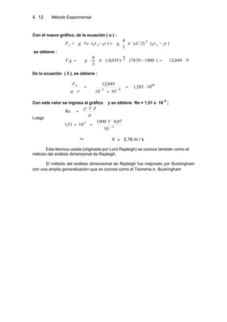 4. Método Experimental12
Con el nuevo gráfico, de la ecuación ( o ) :
)()2/(
3
4
)( 3
ee dgegFA
se obtiene :
NgFA 049,12)10007839()035,0(
3
4 3
De la ecuación ( 3 ), se obtiene :
10
63
10205,1
1010
049,12AF
Con este valor se ingresa al gráfico y se obtiene Re = 1,51 x 10 5
;
Luego
3
5
10
07,01000
1051,1
Re
V
dV
 V 2,16 m / s
Esta técnica usada (originada por Lord Rayleigh) se conoce también como el
método del análisis dimensional de Rayleigh.
El método del análisis dimensional de Rayleigh fue mejorado por Buckingham
con una amplia generalización que se conoce como el Teorema- . Buckíngham
 