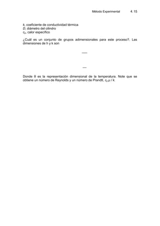 Método Experimental 4.15
k, coeficiente de conductividad térmica
D, diámetro del cilindro
cp, calor específico
¿Cuál es un conjunto de grupos adimensionales para este proceso?. Las
dimensiones de h y k son
Donde θ es la representación dimensional de la temperatura. Note que se
obtiene un número de Reynolds y un número de Prandtl, cp μ / k.
 