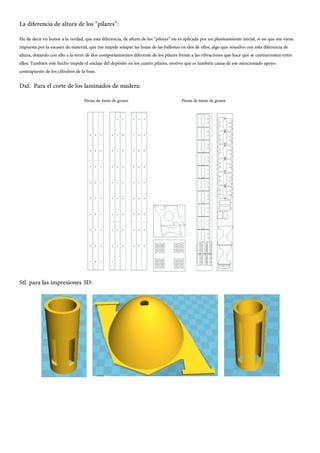 La diferencia de altura de los “pilares”:
He de decir en honor a la verdad, que esta diferencia, de altura de los “pilares” no es aplicada por un planteamiento inicial, si no que me viene
impuesta por la escasez de material, que me impide solapar las hojas de las ballestas en dos de ellos, algo que resuelvo con esta diferencia de
altura, dotando con ello a la torre de dos comportamientos diferente de los pilares frente a las vibraciones que hace que se contrarresten entre
ellos. También este hecho impide el anclaje del depósito en los cuatro pilares, motivo que es también causa de ese mencionado apoyo
contrapuesto de los cilindros de la base.
Dxf. Para el corte de los laminados de madera:
Piezas de 4mm de grosor Piezas de 6mm de grosor
Stl. para las impresiones 3D:
 