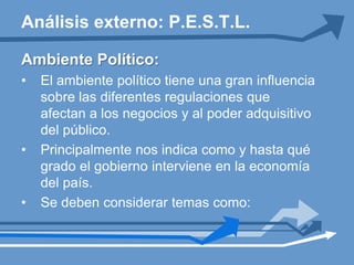 Su análisis determina la atractividad de la industriaA mayor rivalidad , menor atractiva es la industriaSe deben ponderar los factores de Porter de acuerdo a su importancia en la industria analizada.Cada uno de los factores de las 5 fuerzas puede ser tomado como amenaza u oportunidadAnálisis externo: Porter