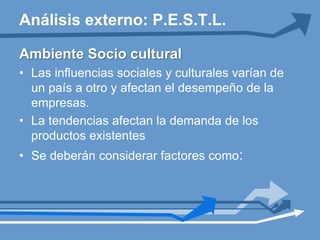 Ambiente EconómicoEs necesario considerar aquellos factores que van a tener un gran impacto en el ambiente del negocio.Existen factores preponderantes como: el crecimiento económico, las tasas de interés y las tasa de inflación. Las tasas de interés afectan el costo del dinero.Análisis externo: P.E.S.T.L.