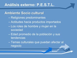 Ambiente EconómicoLos factores a considerar son:Tipo de sistema económicoEficiencia de los mercados financierosNivel de habilidad de la mano de obra disponible y sus costosEtapa del ciclo de vida de la industriaTasas de interés, desempleo e inflaciónAnálisis externo: P.E.S.T.L.