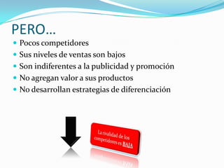 Micro-entornoAnaliza a los agentes inmediatos a la empresa como son los clientes, proveedores, competidores, sustitutos y nueva competencia.Se define a partir de las siguientes fuerzas competitivas (Michael Porter):ALTOBAJO