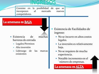 LAS 5 FUERZAS DE PORTERRivalidad de la competencia:Si existen muchos competidores desarrollando nuevas estrategias de mercadoinnovando nuevos atributos en los productosdisputándose el mercadoLa rivalidad de los competidores es ALTA