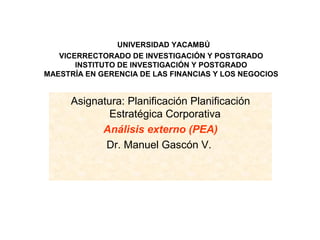 UNIVERSIDAD YACAMBÚ
   VICERRECTORADO DE INVESTIGACIÓN Y POSTGRADO
       INSTITUTO DE INVESTIGACIÓN Y POSTGRADO
MAESTRÍA EN GERENCIA DE LAS FINANCIAS Y LOS NEGOCIOS


     Asignatura: Planificación Planificación
             Estratégica Corporativa
           Análisis externo (PEA)
            Dr. Manuel Gascón V.
 