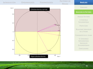 IntroducciónEpidemiologíaFisiopatologíaFactores de RiesgoAnálisis12ViabilidadSelección de FactoresAnálisis FactoresV. Continua SuplementariaLas variables que tienen una mayor cantidad de representación en el plano son Peso e Índice de Masa Corporal. La edad, por su parte es la que tiene una menor calidad de representación en el plano.La edad y el colesterol son variables que se encuentran cercanas en el plano, por lo cual podemos afirmar que son variables que están correlacionadas de tal manera que conforme incrementa la edad así mismo se incrementan los niveles de colesterol.Punto CeroRelaciones Individuos en el PlanoCuadrantes en el planoV. Categórica SuplementariaIndividuos SuplementariosConclusiones