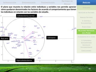 IntroducciónEpidemiologíaFisiopatologíaFactores de RiesgoAnálisisViabilidadLa Tensión Arterial Medía podría estar correlacionada con el Índice de masa corporal. Se comportarían de forma similar al IMC, teniendo en cuenta que crecerían en el mismo sentido.Selección de FactoresAnálisis FactoresV. Continua SuplementariaPunto CeroRelaciones Individuos en el PlanoCuadrantes en el planoV. Categórica SuplementariaIndividuos SuplementariosConclusiones17