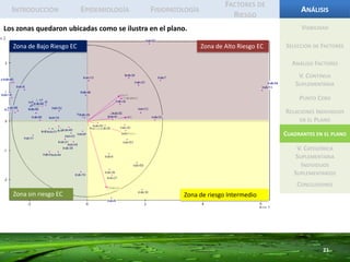 IntroducciónEpidemiologíaFisiopatologíaFactores de RiesgoAnálisis19ViabilidadEl plano que muestra la relación entre individuos y variables nos permite apreciar cómo quedaron denominados los factores de acuerdo al comportamiento que tienen los individuos en relación con las variables de estudio.Colesterolemia normalSelección de FactoresAnálisis FactoresV. Continua SuplementariaPunto CeroRelaciones Individuos en el PlanoCuadrantes en el planoSobrepesoBajo pesoV. Categórica SuplementariaIndividuos SuplementariosConclusionesHipercolesterolemia