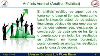 Maestro: Dr. Jorge Luis Flores Bravo 07
Mayo – 2022
El análisis estático es aquel que no
toma como base el tiempo, toma como
base la situación actual de los estados
financieros básicos de una empresa en
un período determinado, efectuando la
comparación de cada uno de los ítems
o cuenta sobre un todo, los resultados
se obtienen en forma porcentual,
posteriormente se analiza los resultados
para la toma de decisiones.
Análisis Vertical (Análisis Estático)
 