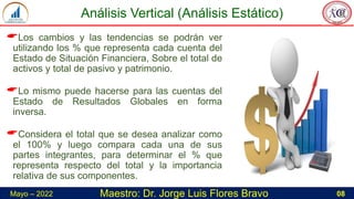 Maestro: Dr. Jorge Luis Flores Bravo 08
Mayo – 2022
Los cambios y las tendencias se podrán ver
utilizando los % que representa cada cuenta del
Estado de Situación Financiera, Sobre el total de
activos y total de pasivo y patrimonio.
Lo mismo puede hacerse para las cuentas del
Estado de Resultados Globales en forma
inversa.
Considera el total que se desea analizar como
el 100% y luego compara cada una de sus
partes integrantes, para determinar el % que
representa respecto del total y la importancia
relativa de sus componentes.
Análisis Vertical (Análisis Estático)
 