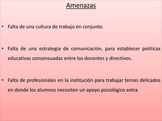 Amenazas
• Falta de una cultura de trabajo en conjunto.
• Falta de una estrategia de comunicación, para establecer políticas
educativas consensuadas entre los docentes y directivos.
• Falta de profesionales en la institución para trabajar temas delicados
en donde los alumnos necesiten un apoyo psicológico extra.
 