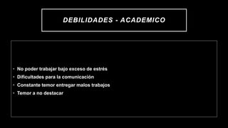 DEBILIDADES - ACADEMICO
• No poder trabajar bajo exceso de estrés
• Dificultades para la comunicación
• Constante temor entregar malos trabajos
• Temor a no destacar
 