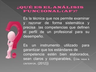 Es la técnica que nos permite examinar
y razonar de forma sistemática y
precisa las competencias que definen
el perfil de un profesional para su
desempeño.

Es un instrumento utilizado para
garantizar que los estándares de
competencia estén bien elaborados,
sean claros y comparables, (Chile Valora &
CINTERFOR. (2012))

 