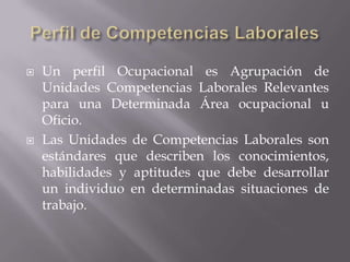 



Un perfil Ocupacional es Agrupación de
Unidades Competencias Laborales Relevantes
para una Determinada Área ocupacional u
Oficio.
Las Unidades de Competencias Laborales son
estándares que describen los conocimientos,
habilidades y aptitudes que debe desarrollar
un individuo en determinadas situaciones de
trabajo.

 
