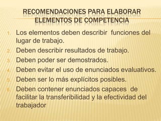 RECOMENDACIONES PARA ELABORAR
ELEMENTOS DE COMPETENCIA
1.

2.
3.
4.
5.
6.

Los elementos deben describir funciones del
lugar de trabajo.
Deben describir resultados de trabajo.
Deben poder ser demostrados.
Deben evitar el uso de enunciados evaluativos.
Deben ser lo más explícitos posibles.
Deben contener enunciados capaces de
facilitar la transferibilidad y la efectividad del
trabajador

 