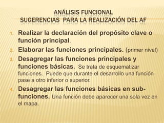ANÁLISIS FUNCIONAL
SUGERENCIAS PARA LA REALIZACIÓN DEL AF
1.

2.
3.

Realizar la declaración del propósito clave o
función principal.
Elaborar las funciones principales. (primer nivel)
Desagregar las funciones principales y
funciones básicas. Se trata de esquematizar
funciones. Puede que durante el desarrollo una función
pase a otro inferior o superior.

4.

Desagregar las funciones básicas en subfunciones. Una función debe aparecer una sola vez en
el mapa.

 
