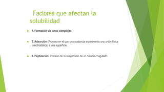 Factores que afectan la
solubilidad
 1. Formación de iones complejos
 2. Adsorción: Proceso en el que una sustancia experimenta una unión física
(electrostática) a una superficie.
 3. Peptización: Proceso de re suspensión de un coloide coagulado.
 