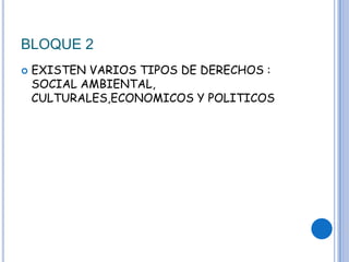 BLOQUE 2
 EXISTEN VARIOS TIPOS DE DERECHOS :
SOCIAL AMBIENTAL,
CULTURALES,ECONOMICOS Y POLITICOS
 