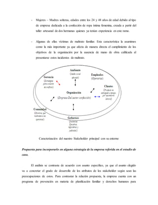 - Mujeres – Madres solteras, edades entre los 24 y 48 años de edad debido al tipo
de empresa dedicada a la confección de ropa íntima femenina, creada a partir del
taller artesanal de dos hermanas quienes ya tenían experiencia en este ramo.
- Algunas de ellas víctimas de maltrato familiar. Esta característica la asumimos
como la más importante ya que afecta de manera directa el cumplimiento de los
objetivos de la organización por la ausencia de mano de obra calificada al
presentarse estos incidentes de maltrato.
Caracterización del nuestro Stakeholder principal con su entorno
Propuesta para incorporarlo en alguna estrategia de la empresa referida en el estudio de
caso.
El análisis se contrasta de acuerdo con asunto específico, ya que el asunto elegido
va a concretar el grado de desarrollo de los atributos de los stakeholder según sean las
preocupaciones de estos. Para contrastar la relación propuesta, la empresa cuenta con un
programa de prevención en materia de planificación familiar y derechos humanos para
 