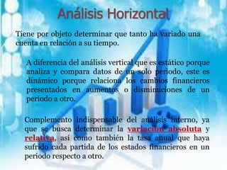 Análisis Horizontal
Complemento indispensable del análisis interno, ya
que se busca determinar la variación absoluta y
relativa, así como también la tasa anual que haya
sufrido cada partida de los estados financieros en un
periodo respecto a otro.
A diferencia del análisis vertical que es estático porque
analiza y compara datos de un solo periodo, este es
dinámico porque relaciona los cambios financieros
presentados en aumentos o disminuciones de un
periodo a otro.
Tiene por objeto determinar que tanto ha variado una
cuenta en relación a su tiempo.
 