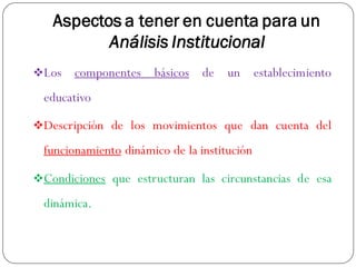 Aspectos a tener en cuenta para un
Análisis Institucional
❖Los componentes básicos de un establecimiento
educativo
❖Descripción de los movimientos que dan cuenta del
funcionamiento dinámico de la institución
❖Condiciones que estructuran las circunstancias de esa
dinámica.
 