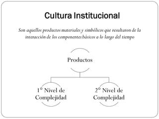 Cultura Institucional
Son aquellos productosmateriales y simbólicos que resultaron de la
interacción de los componentesbásicos a lo largo del tiempo
Productos
1° Nivel de
Complejidad
2° Nivel de
Complejidad
 