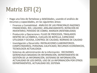 Matriz EFI (2)
• Haga una lista de fortalezas y debilidades, usando el análisis de
recursos y capacidades, en las siguientes áreas:
• Finanzas y Contabilidad: ANÁLISIS DE LAS PRINCIPALES RAZONES
FINANCIERAS, ROI, LIQUIDEZ, APALANCAMIENTO, ROTACIÓN DE
INVENTARIO, PERIODO DE COBRO, MARGEN (RENTABILIDAD)
• Producción y Operaciones: FLUJO DE PROCESOS, TRASLADOS
DENTRO DE LA FÁBRICA, CUELLOS DE BOTELLA, CAPACIDAD
UTILIZADA Y OCIOSA, CONTROL DE CALIDAD, NORMAS DE CALIDAD
• Investigación y Desarrollo: INSTALACIONES (LABORATORIOS,
COMPUTADORES), PERSONAL CALIFICADO, RECURSOS ECONÓMICOS,
TECNOLOGÍA ACTUALIZADA
• Sistemas de administración de la información: DECISIONES
GERENCIALES BASADAS EN INFORMACIÓN, DEPARTAMENTO DE
GESTIÓN DE LA INFORMACIÓN, SISTEMAS DE INFORMACIÓN,
ACTUALIDAD DE LOS DATOS, USO DE LA INFORMACIÓN POR OTROS
DEPARTAMENTOS, ACTUALIDAD DEL SISTEMA
 