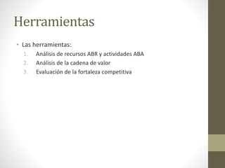 Herramientas
• Las herramientas:
1. Análisis de recursos ABR y actividades ABA
2. Análisis de la cadena de valor
3. Evaluación de la fortaleza competitiva
 