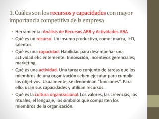 1.Cuálessonlosrecursosy capacidadesconmayor
importanciacompetitivadelaempresa
• Herramienta: Análisis de Recursos ABR y Actividades ABA
• Qué es un recurso. Un insumo productivo, como: marca, I+D,
talentos
• Qué es una capacidad. Habilidad para desempeñar una
actividad eficientemente: Innovación, incentivos gerenciales,
marketing.
• Qué es una actividad. Una tarea o conjunto de tareas que los
miembros de una organización deben ejecutar para cumplir
los objetivos. Usualmente, se denominan “funciones”. Para
ello, usan sus capacidades y utilizan recursos.
• Qué es la cultura organizacional. Los valores, las creencias, los
rituales, el lenguaje, los símbolos que comparten los
miembros de la organización.
 