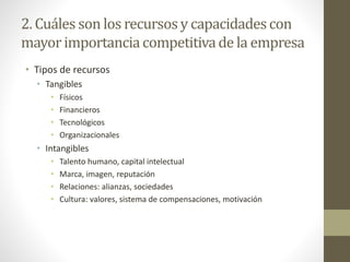 2. Cuáles son los recursosy capacidadescon
mayorimportanciacompetitivade la empresa
• Tipos de recursos
• Tangibles
• Físicos
• Financieros
• Tecnológicos
• Organizacionales
• Intangibles
• Talento humano, capital intelectual
• Marca, imagen, reputación
• Relaciones: alianzas, sociedades
• Cultura: valores, sistema de compensaciones, motivación
 