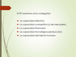 El PCI examina cinco categorías:
 La capacidad directiva
 La capacidad competitiva (o de mercadeo)
 La capacidad financiera
 La capacidad tecnológica (producción)
 La capacidad del talento humano
 