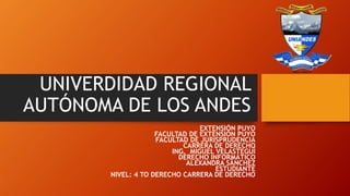UNIVERDIDAD REGIONAL
AUTÓNOMA DE LOS ANDES
EXTENSIÓN PUYO
FACULTAD DE EXTENSIÓN PUYO
FACULTAD DE JURISPRUDENCIA
CARRERA DE DERECHO
ING. MIGUEL VELASTEGUÍ
DERECHO INFORMÁTICO
ALEXANDRA SÁNCHEZ
ESTUDIANTE
NIVEL: 4 TO DERECHO CARRERA DE DERECHO
 