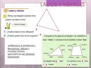 LADOS Y VÉRTICES
43
3 4
3
3
APRENDIZAJE ESPERADO.-
Reconoce, dibuja y
modela formas
geométricas en diversas
posiciones
 