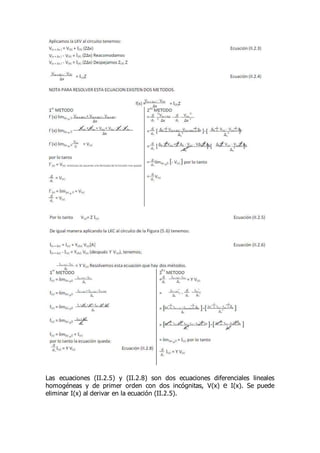 Las ecuaciones (II.2.5) y (II.2.8) son dos ecuaciones diferenciales lineales
homogéneas y de primer orden con dos incógnitas, V(x) ℮ I(x). Se puede
eliminar I(x) al derivar en la ecuación (II.2.5).
 