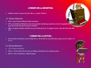  Sófocles nació en Atenas (Grecia) 496 a.c y murió el 406 a.c.
4.1 Hechos Históricos
 469 a.c nace Sócrates filosofo clásico ateniense.
 479 a.c la batalla de Micala fue una de las grandes batallas que pusieron en fin a la segunda invasión
persa de Grecia durante las guerras medicas.
 480 a.c II guerra medica consistió en una invasión persa de la antigua Grecia . Que duro dos años 480-
479.
 Por los datos de Sófocles, la obra Edipo Rey se desarrolla en el periodo ático griego entre los siglos VI y
IV a.c.
4.2 Hechos Históricos
 322 a.c Muere Aristóteles.
 500 a.c Grecia: Inicio de las Guerras Médicas. Rebelión de las ciudades jonias.
 586 AC. Nace Anaxímenes : filósofo griego.
 