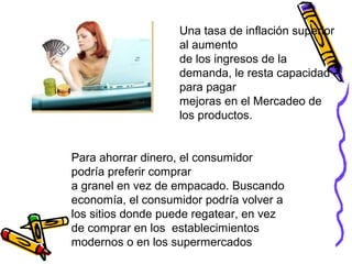 Una tasa de inflación superior
al aumento
de los ingresos de la
demanda, le resta capacidad
para pagar
mejoras en el Mercadeo de
los productos.
Para ahorrar dinero, el consumidor
podría preferir comprar
a granel en vez de empacado. Buscando
economía, el consumidor podría volver a
los sitios donde puede regatear, en vez
de comprar en los establecimientos
modernos o en los supermercados

 