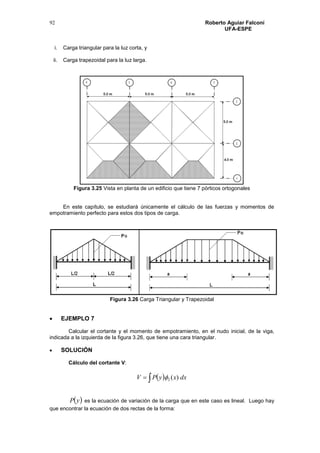 Roberto Aguiar Falconí
UFA-ESPE
92
i. Carga triangular para la luz corta, y
ii. Carga trapezoidal para la luz larga.
Figura 3.25 Vista en planta de un edificio que tiene 7 pórticos ortogonales
En este capítulo, se estudiará únicamente el cálculo de las fuerzas y momentos de
empotramiento perfecto para estos dos tipos de carga.
Figura 3.26 Carga Triangular y Trapezoidal
 EJEMPLO 7
Calcular el cortante y el momento de empotramiento, en el nudo inicial, de la viga,
indicada a la izquierda de la figura 3.26, que tiene una cara triangular.
 SOLUCIÓN
Cálculo del cortante V:
  dxxyPV )(2
 yP es la ecuación de variación de la carga que en este caso es lineal. Luego hay
que encontrar la ecuación de dos rectas de la forma:
 